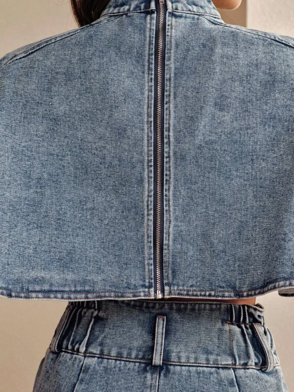 Blue Casual Women's Denim High Waist Wide Leg Pants & Short Sleeve Cape Set